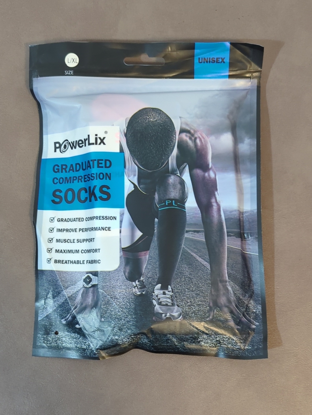 1 Pair New Powerlix Unisex Graduated Compression Socks L/XL Black With Pink